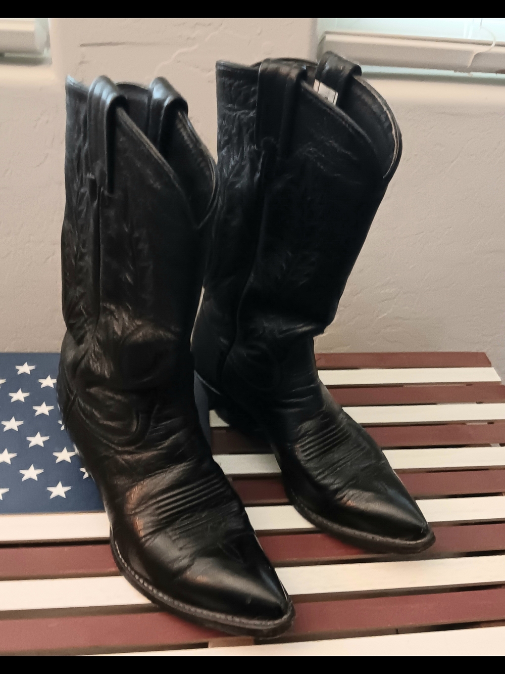 Tony Lama Black Leather Cowgirl Heeled Boots - Picture 2 of 7